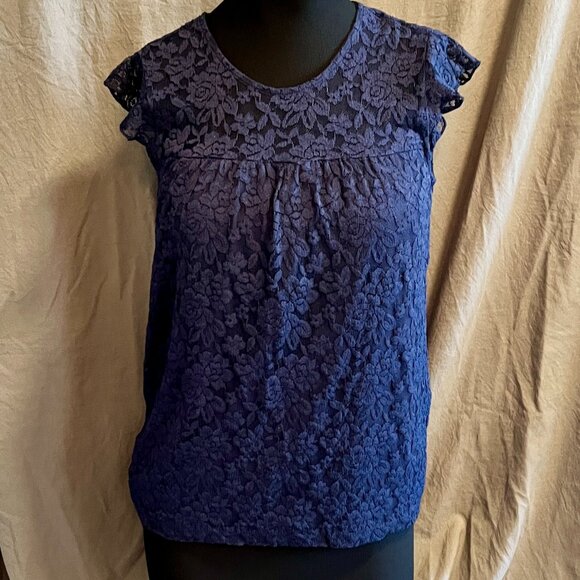 Navy Blue Floral Lace Blouse Cap Sleeve Top Size Medium - Picture 1 of 7